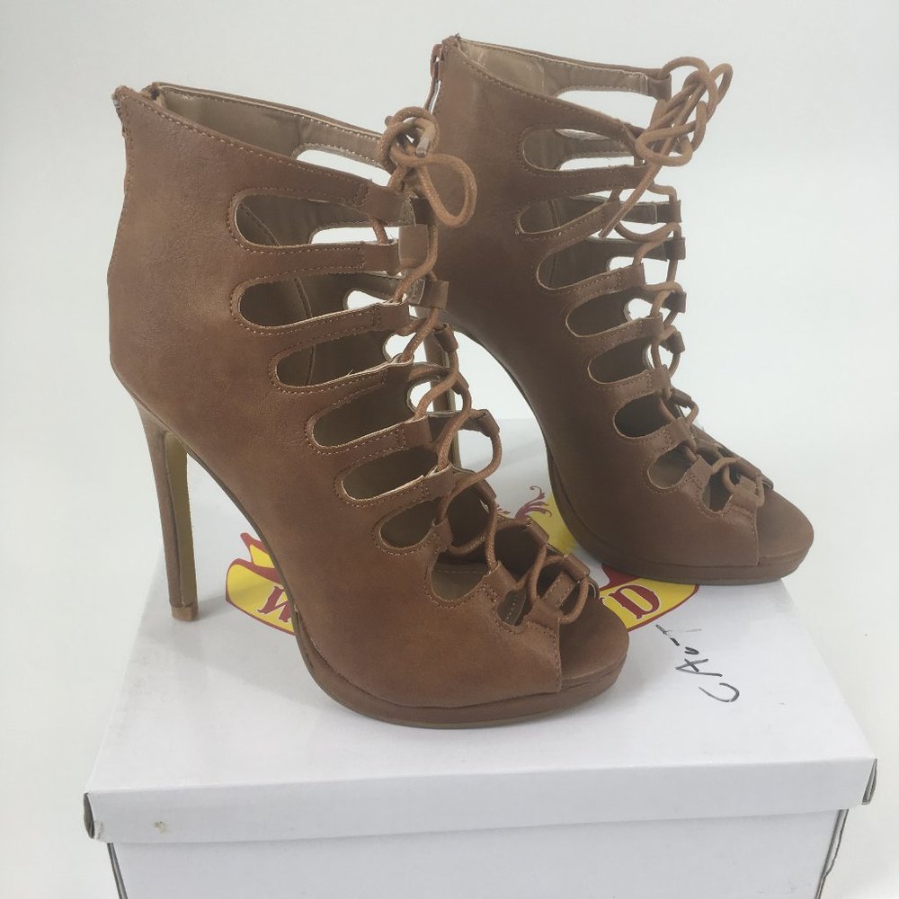 West Blvd Tan Cali Gladiator Pump Open Toe Lace Up Bootie Women's 6